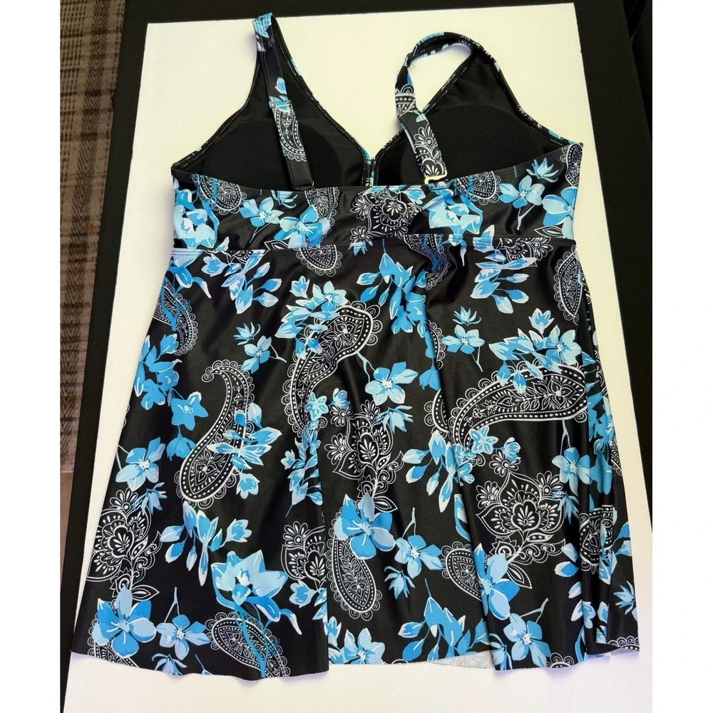 Floral Paisley Tankini Swimsuit Set 18W Black Blue Modest Swim Dress Bike Shorts - Picture 4 of 13